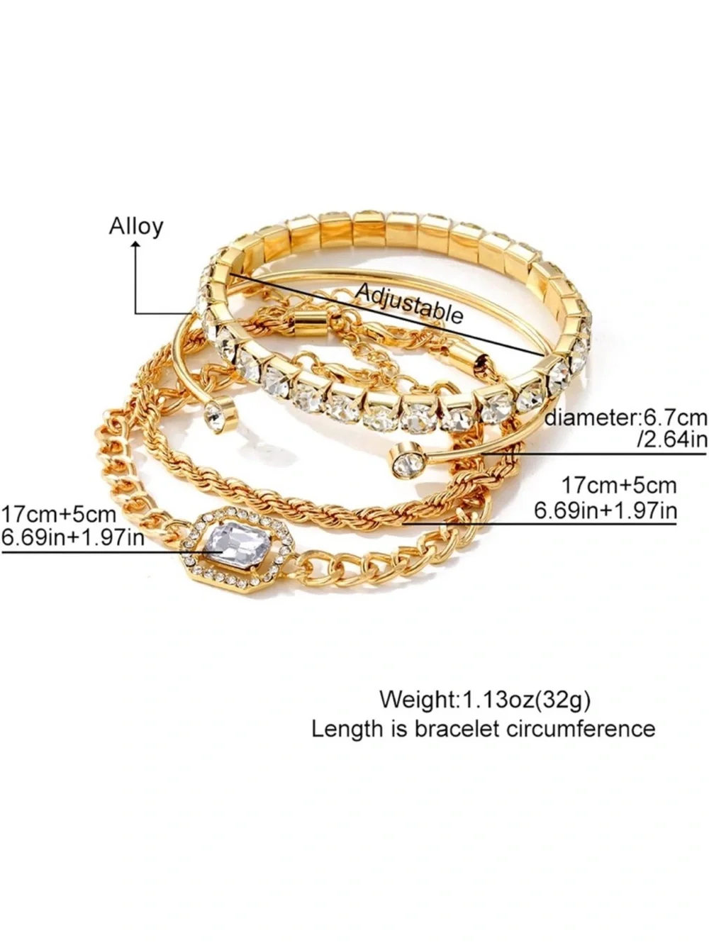 New 24k Gold Plated Crystal 4-Piece Bracelet Stack